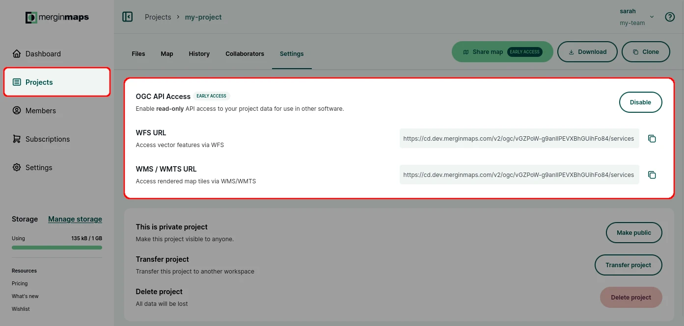 Enabling OGC API access for Mergin Maps project