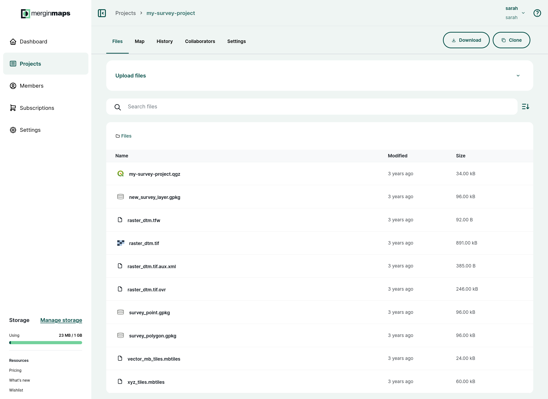 Mergin Maps project folder content web