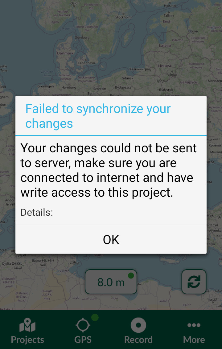 Failed to synchronise changes message