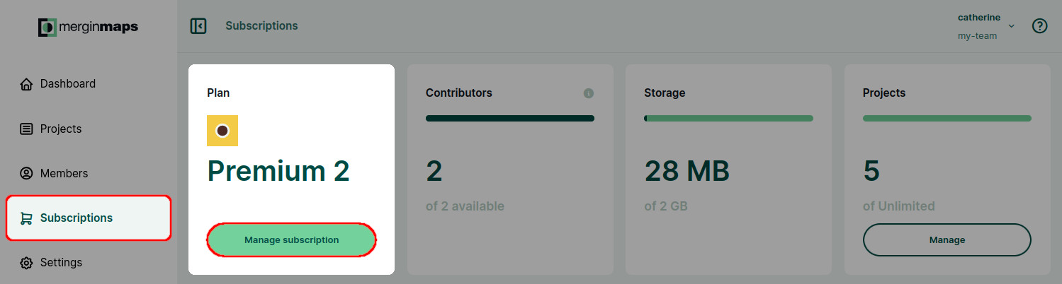 Mergin Maps Dashboard manage subscription