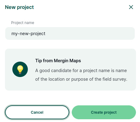 Mergin Maps dashboard create new project