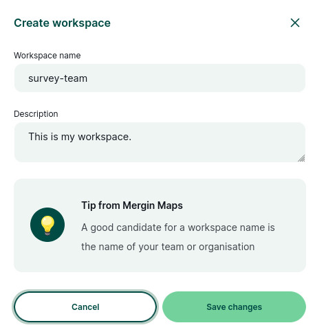 Create workspace in Mergin Maps web dashboard details
