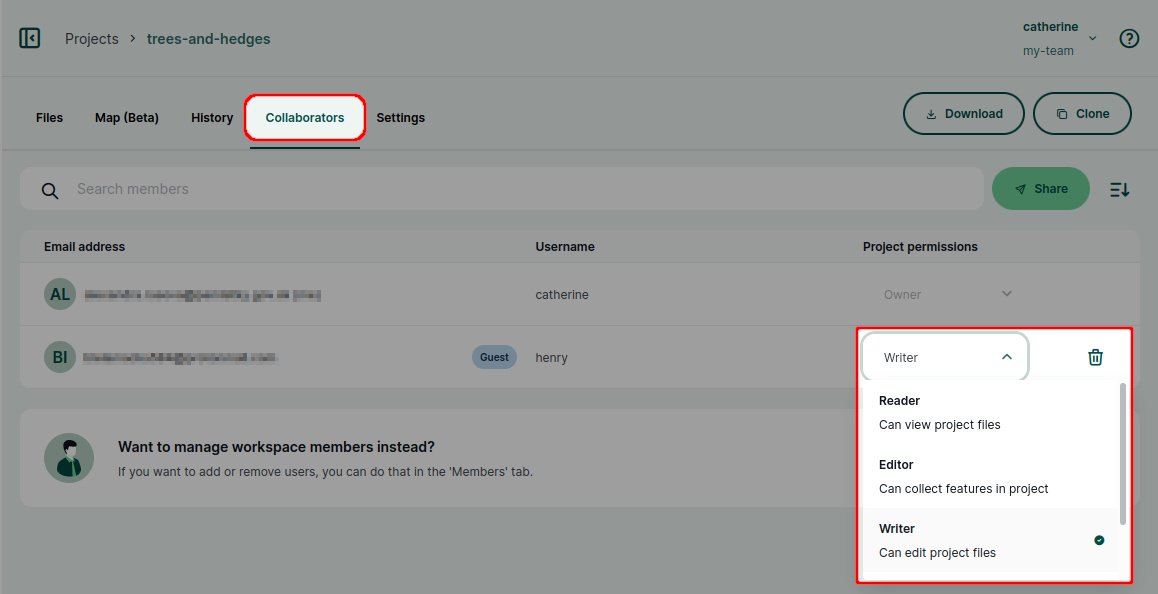 Changing project permissions in Mergin Maps dashboard