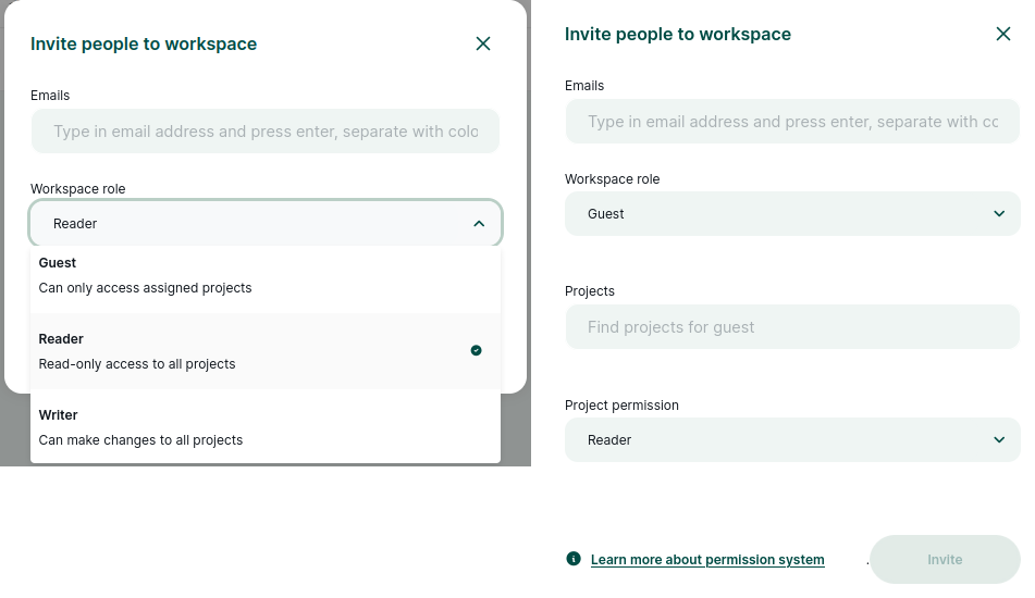 Invite people to workspace and set their role