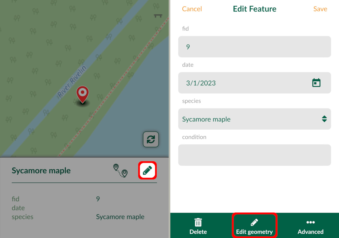 Edit attributes and geometry in Mergin Maps mobile app