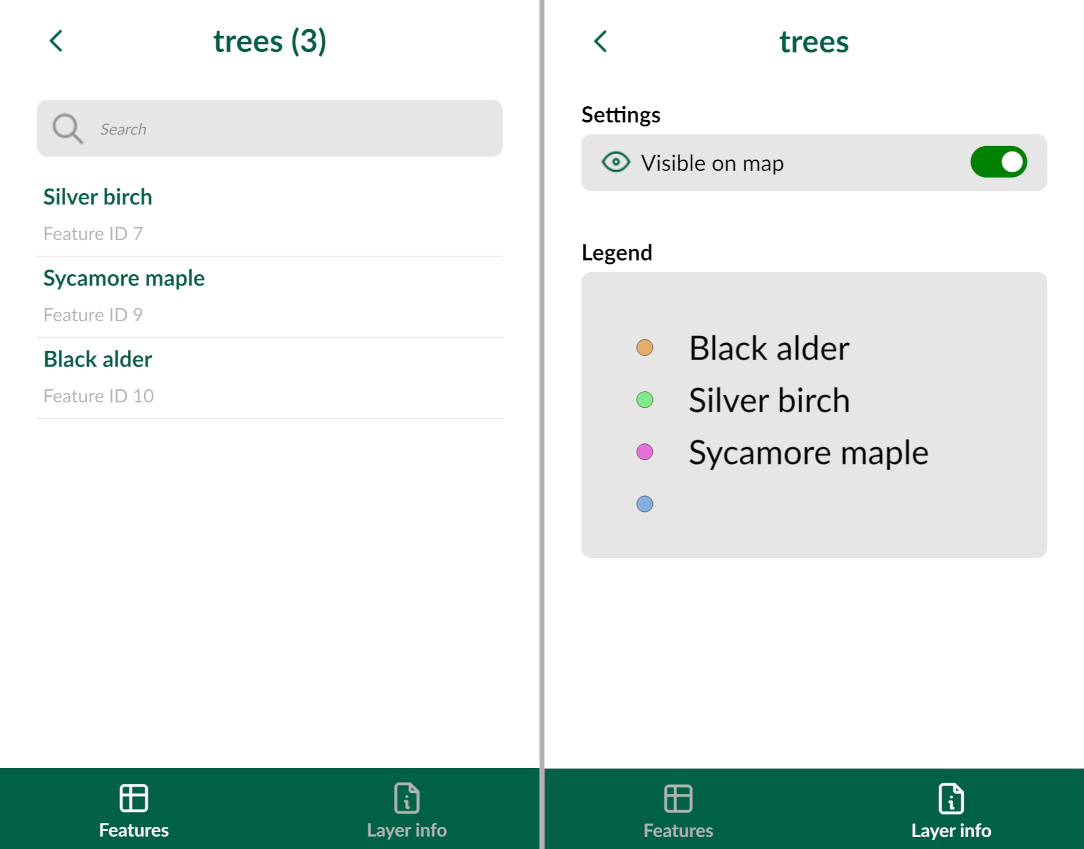 Mergin Maps mobile app Layers legend and features