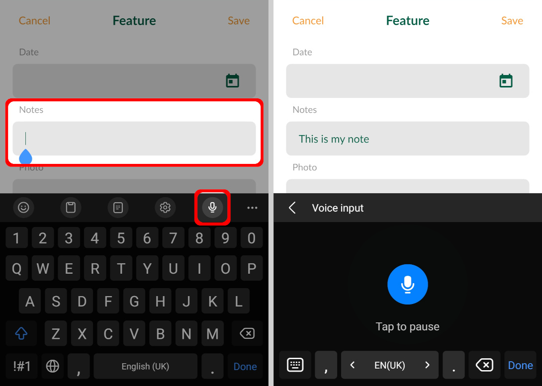 Voice to text in Mergin Maps mobile app form