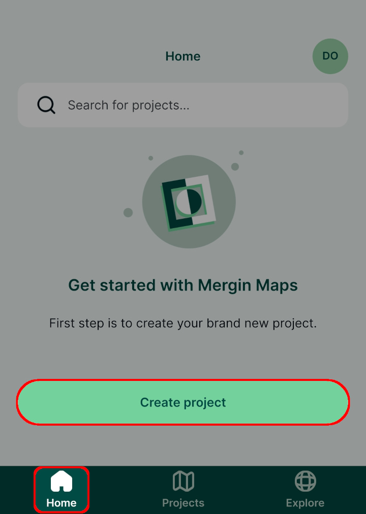 Mergin Maps mobile app Home tab Create project