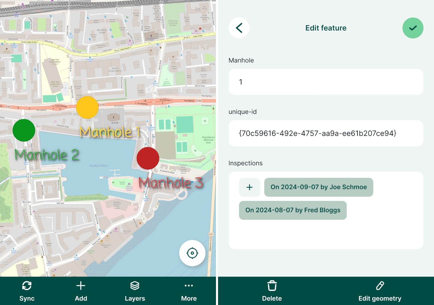 Multiple inspections linked to one point in Mergin Maps mobile app