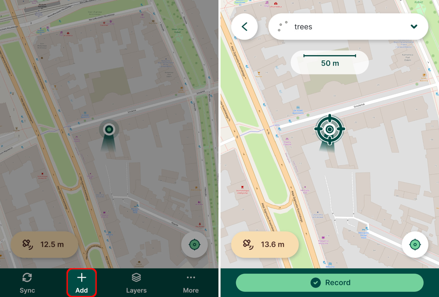 Mergin Maps mobile app Add button