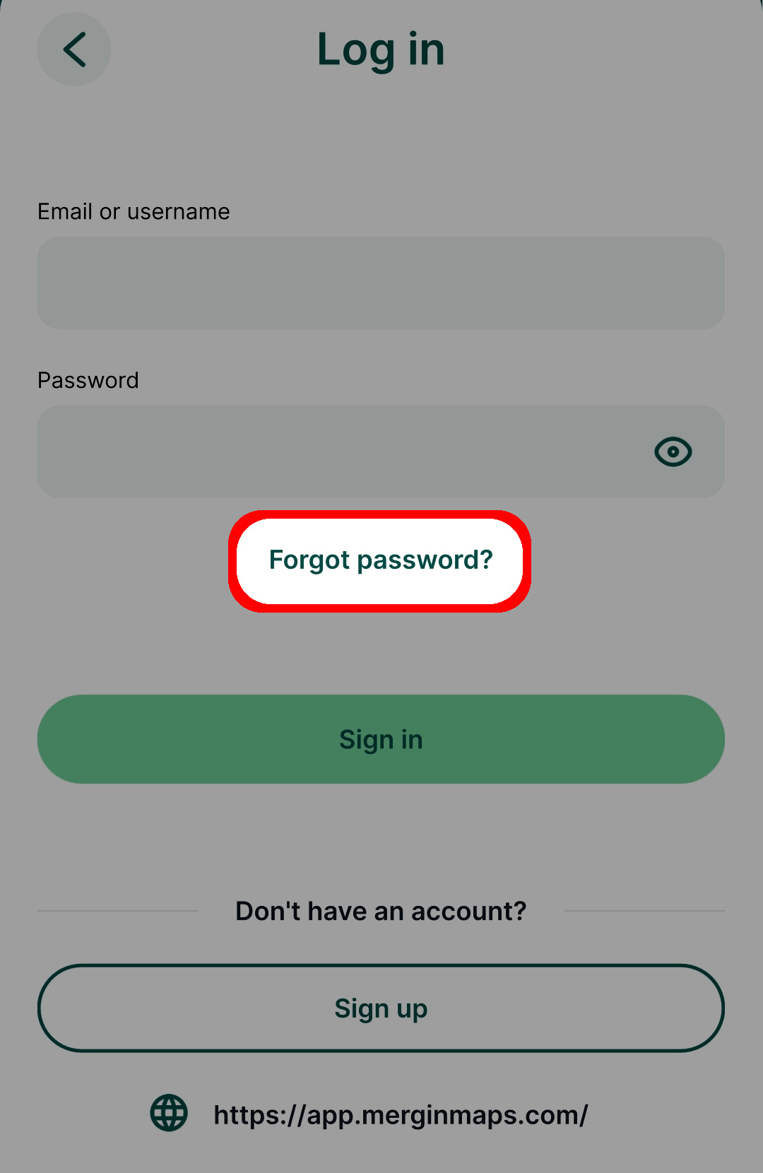 Mergin Maps mobile app forgot password
