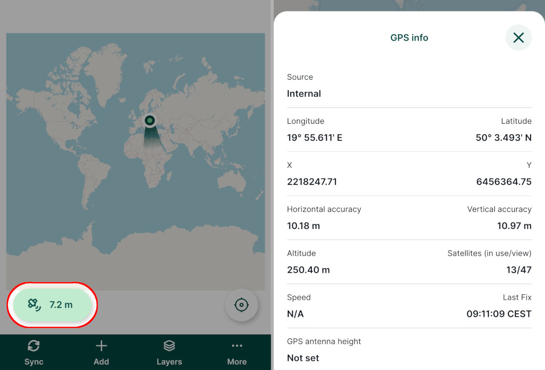 GPS accuracy displayed in Mergin Maps mobile app