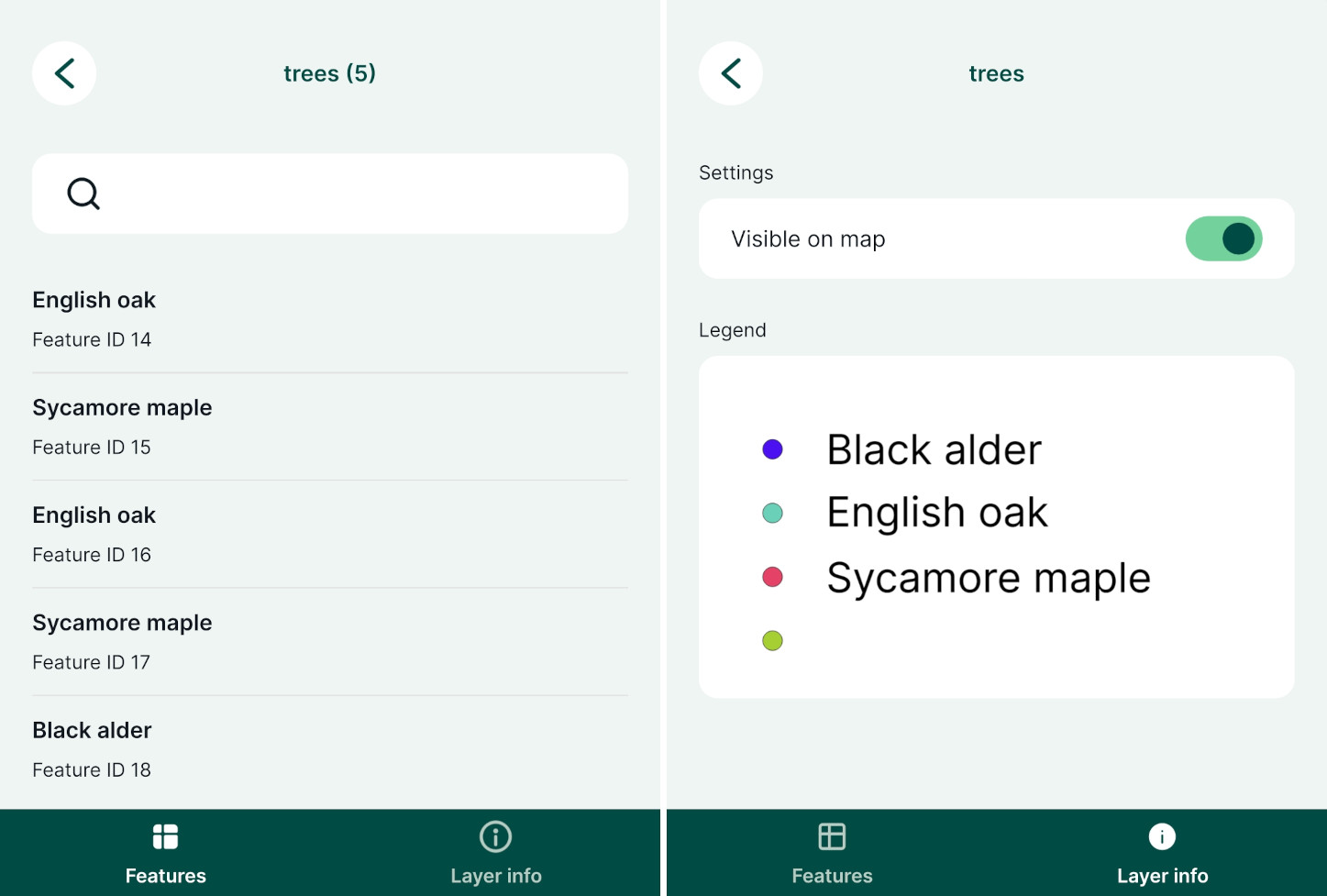 Mergin Maps mobile app Layers legend and features