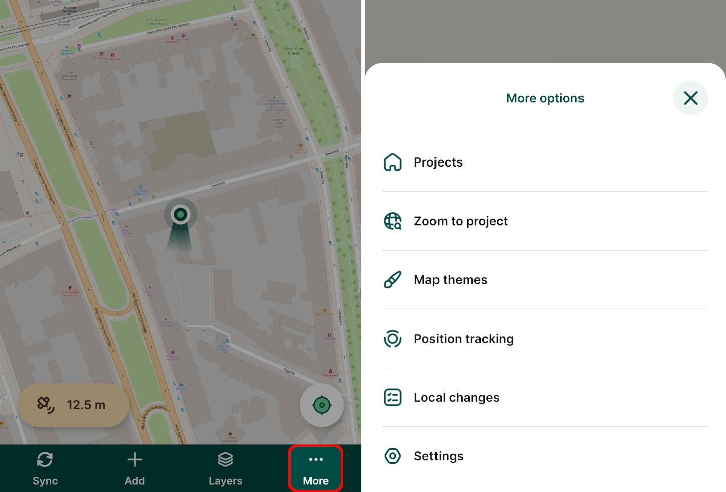 Mergin Maps mobile app More button