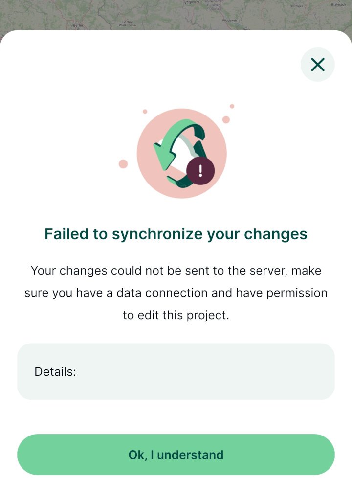 Failed to synchronise changes error message