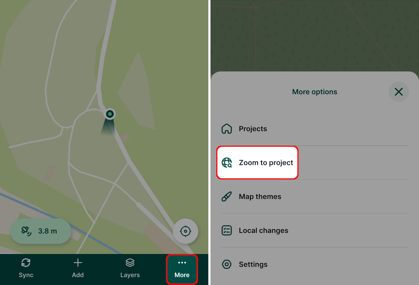 Zoom to project option in Mergin Maps mobile app