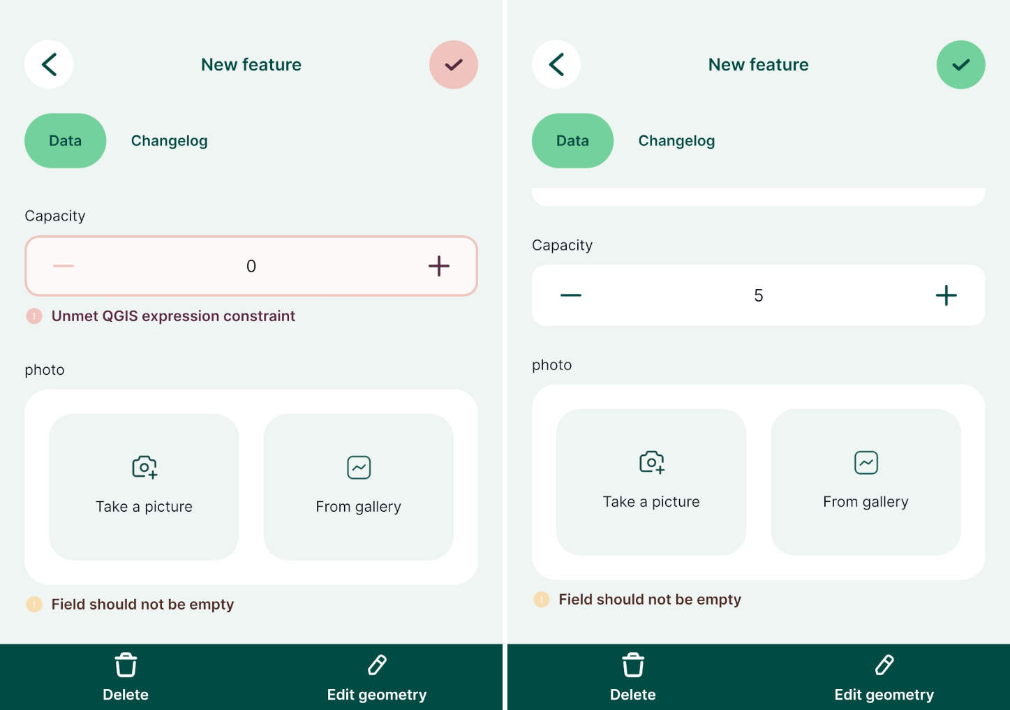 Mergin Maps mobile app constraints in attributes form