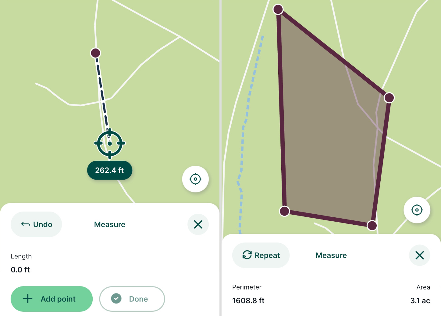 Mergin Maps mobile app measuring length and area in feet and acres