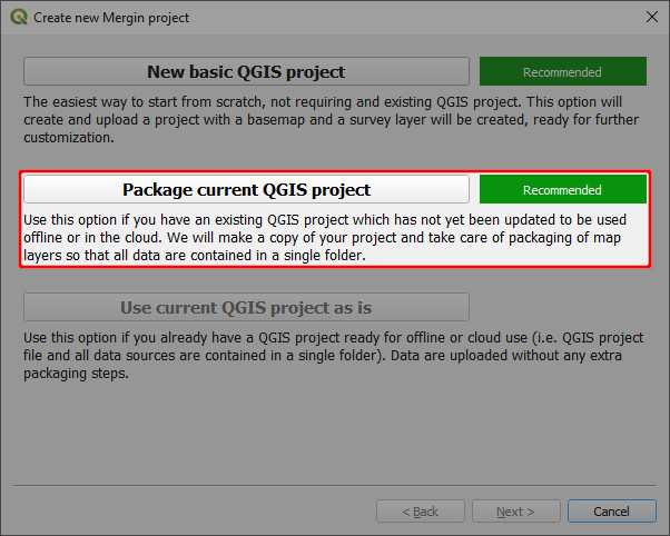 Mergin Maps plugin for QGIS package current project