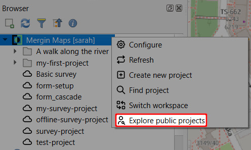 Explore public projects in QGIS Browser