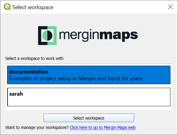 Select workspace in Mergin Maps QGIS plugin