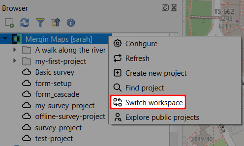 Switch workspace in Mergin Maps QGIS plugin