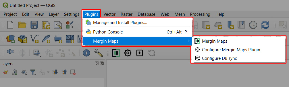 Mergin Maps in QGIS Plugins menu bar