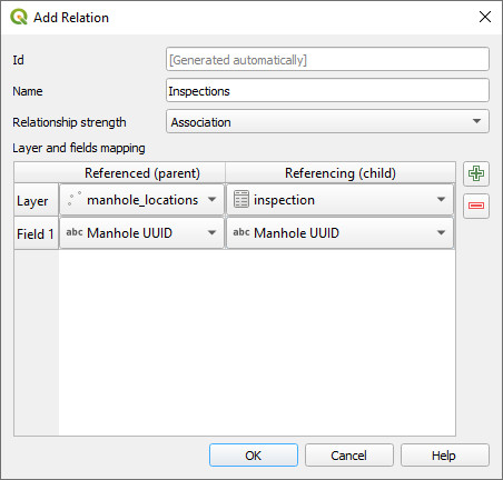 Add Relation form in QGIS with defined 1-N relation between the parent and the child layer