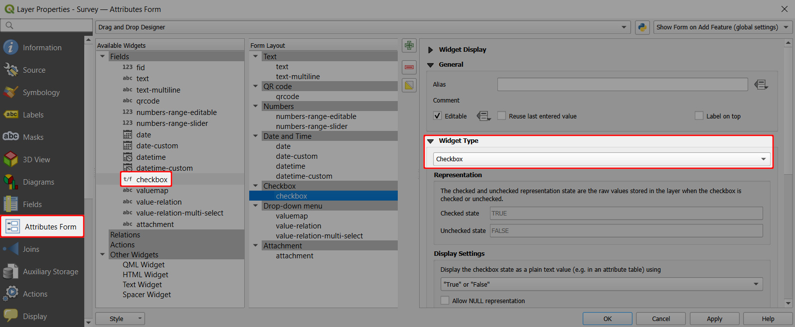 QGIS checkbox field form