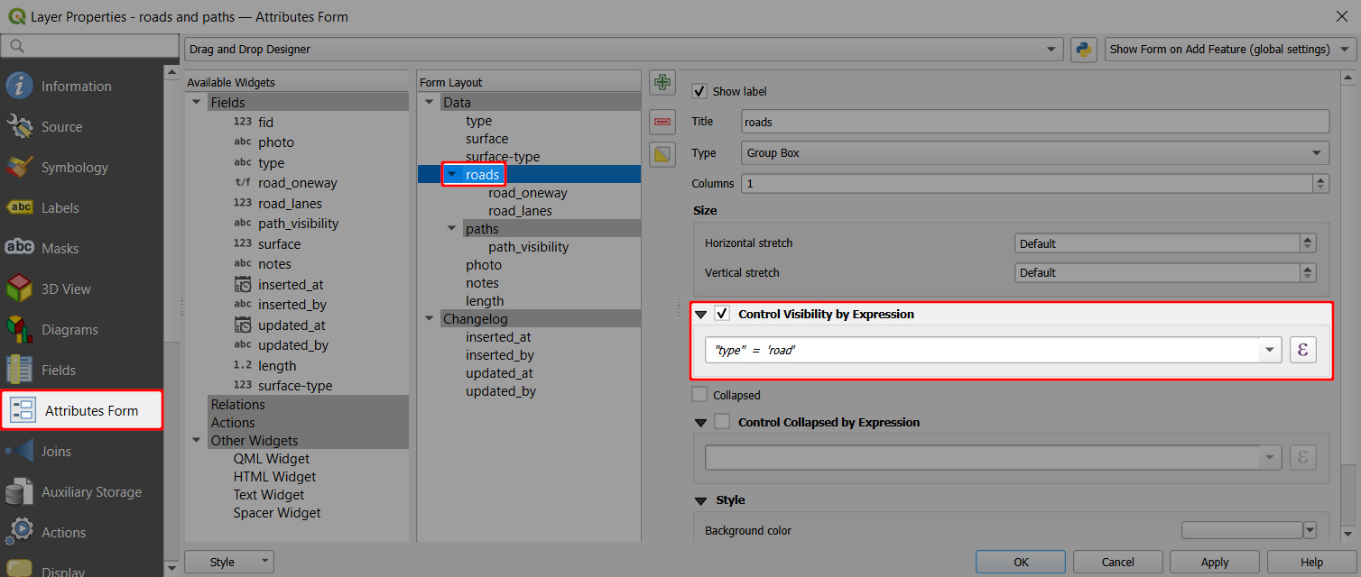 QGIS form control visibility by expression