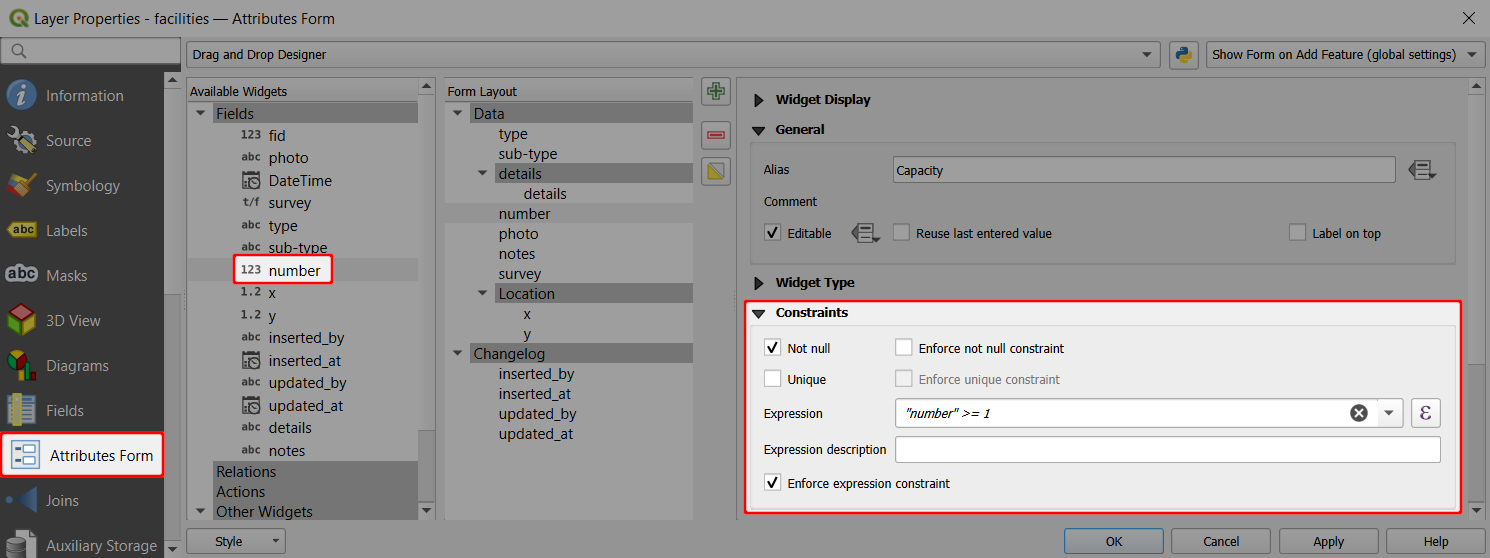 QGIS constraints in attributes form