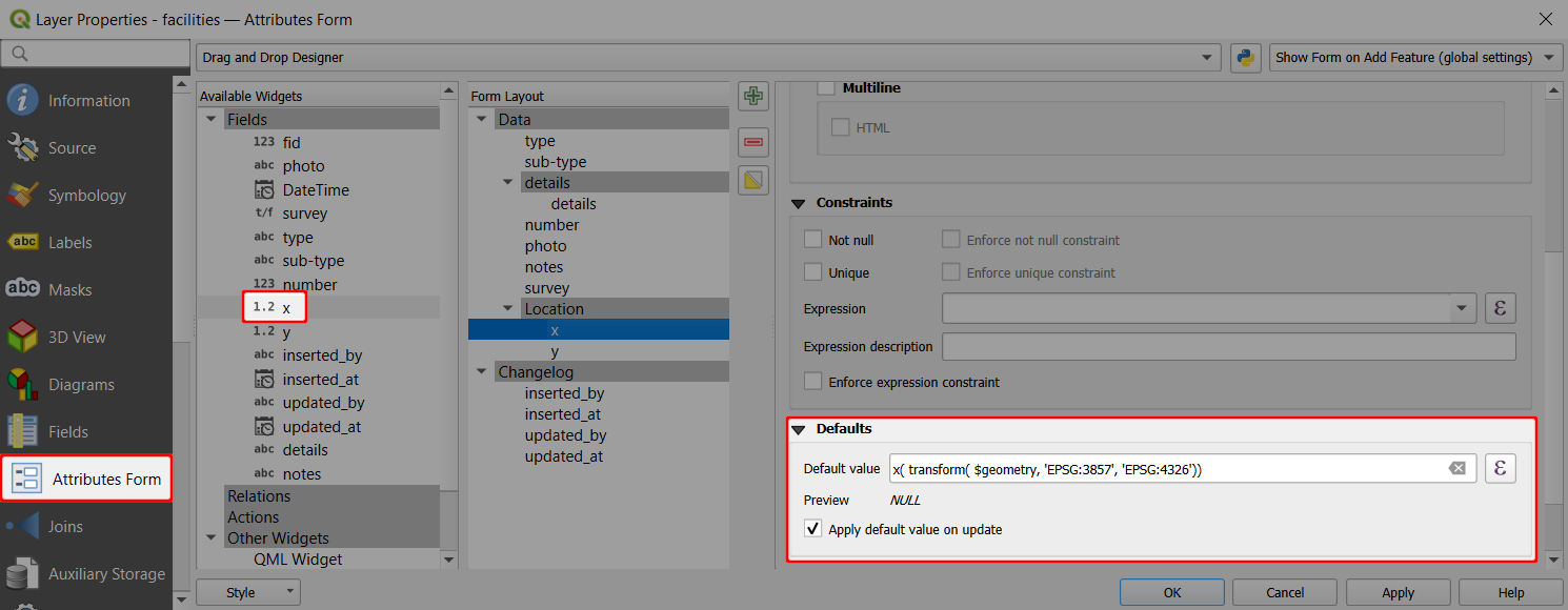 QGIS attributes form transform and record coordinates by default