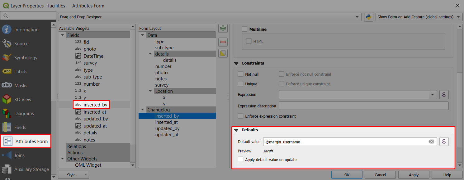 QGIS attributes form Mergin Maps username default value