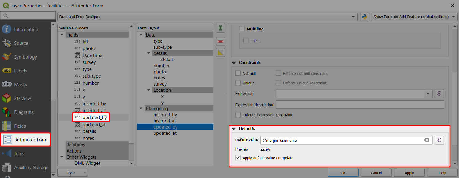 QGIS attributes form Mergin Maps username default value