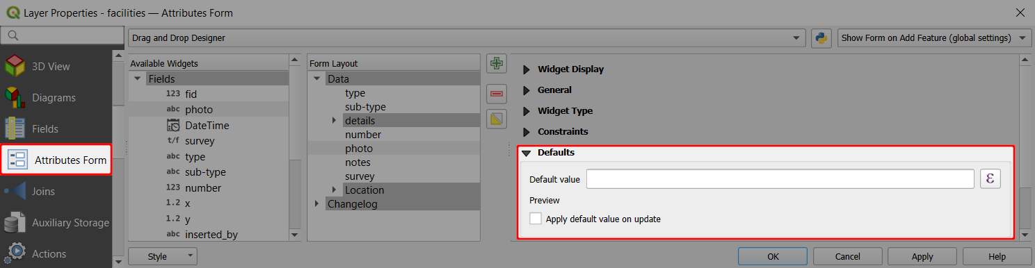 Default values in QGIS attributes form