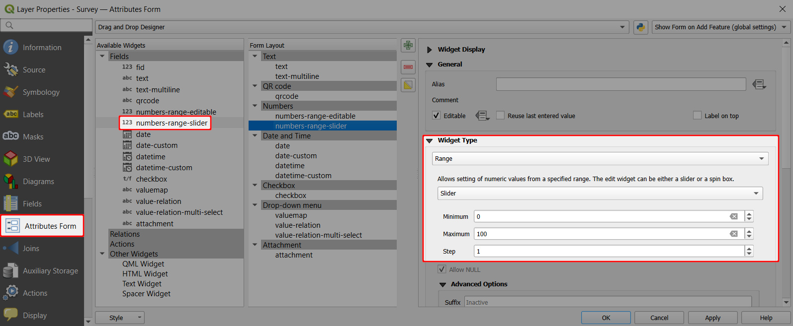 QGIS number range field form