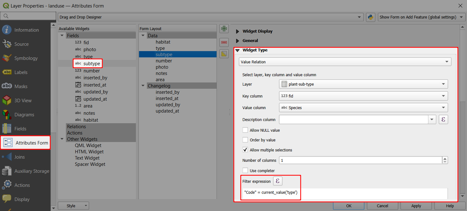 QGIS form value relation filter expression