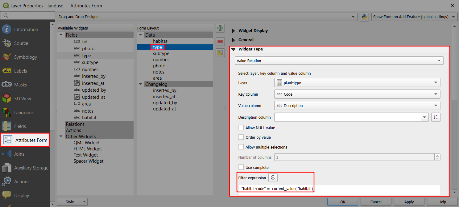 QGIS form value relation filter expression