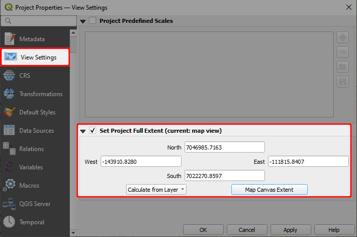 QGIS set project extent