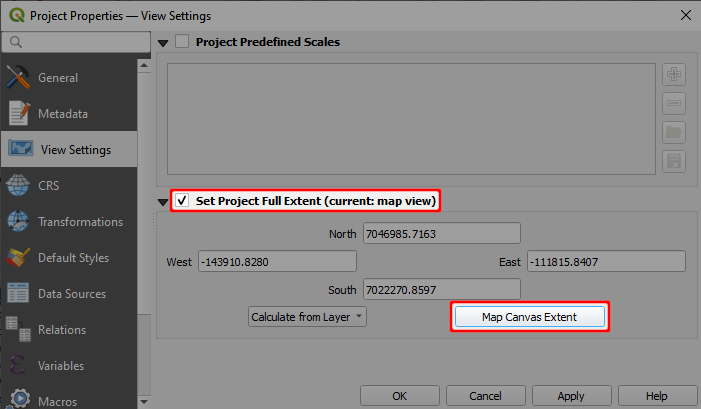 Use map canvas extent as project full extent