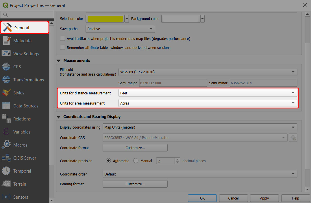 QGIS length and area units setup