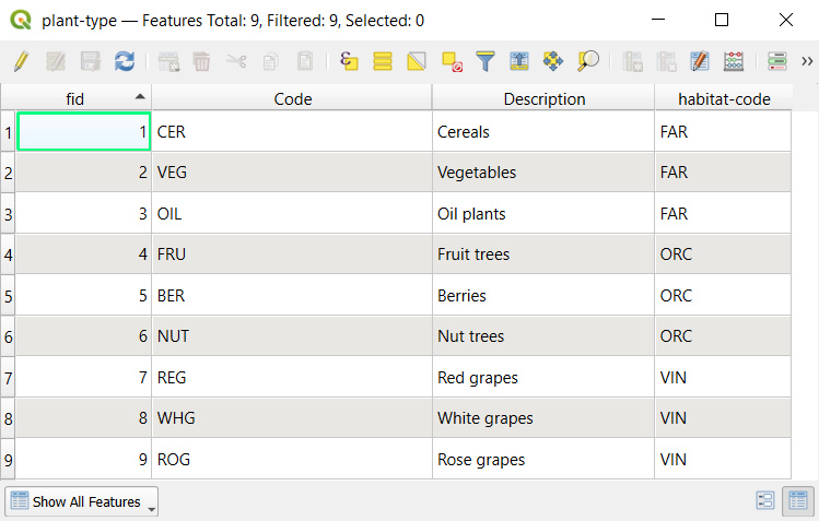 QGIS type value table