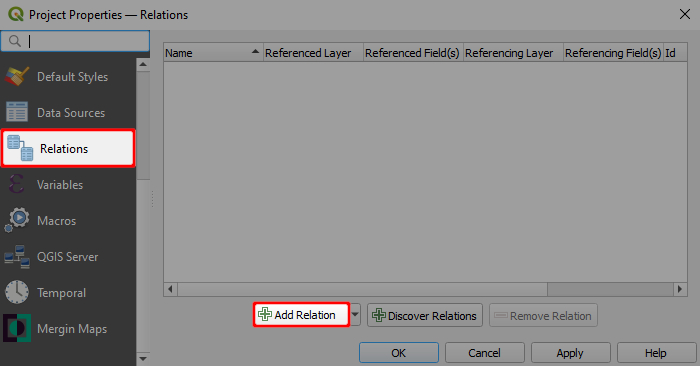 Layer properties in QGIS with highlighted Relations tab and Add Relation button