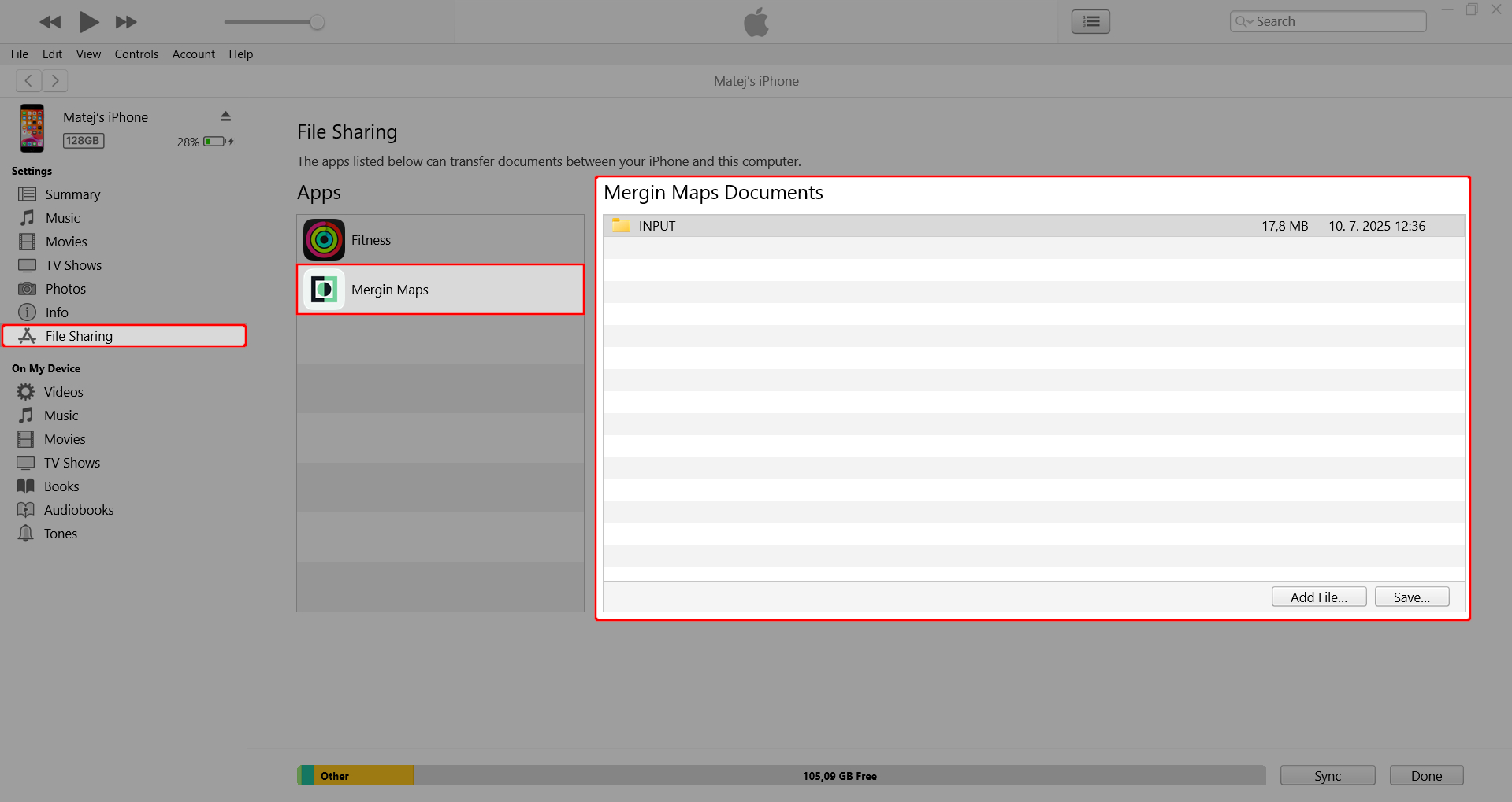 iTunes save Mergin Maps mobile app files