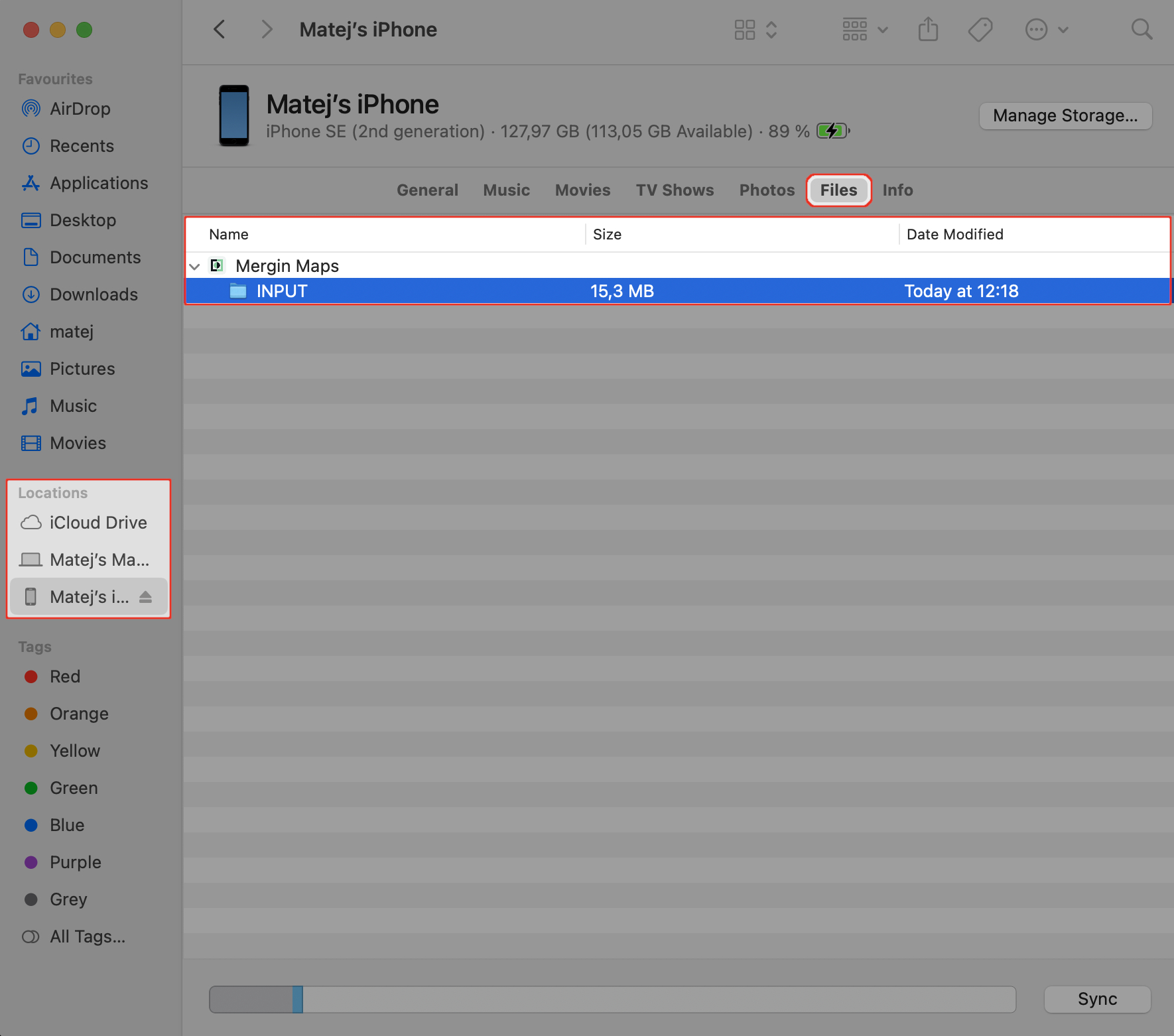 Mergin Maps mobile app files accessed through iTunes