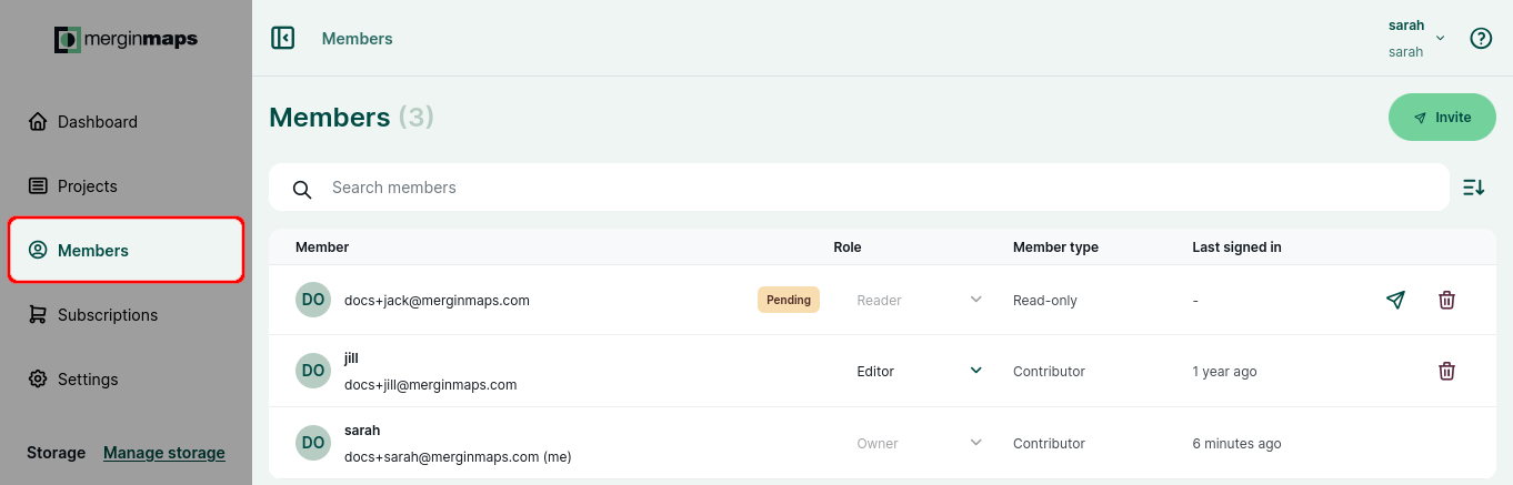 Mergin Maps dashboard workspace members