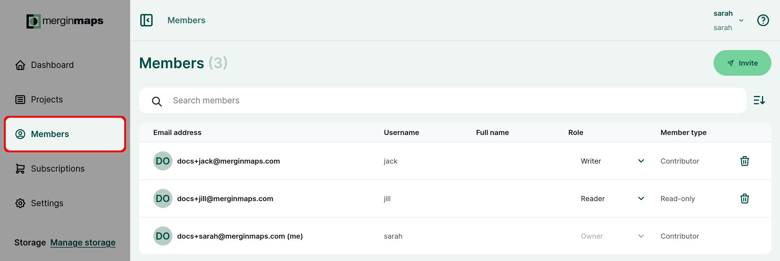 Mergin Maps dashboard workspace members