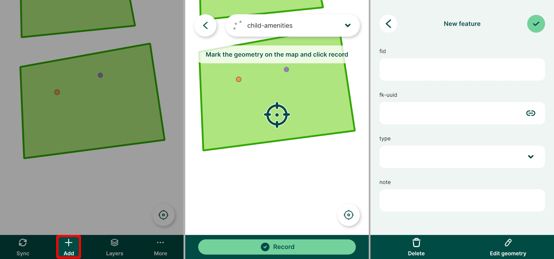 Mergin Maps mobile app relation widget added child feature
