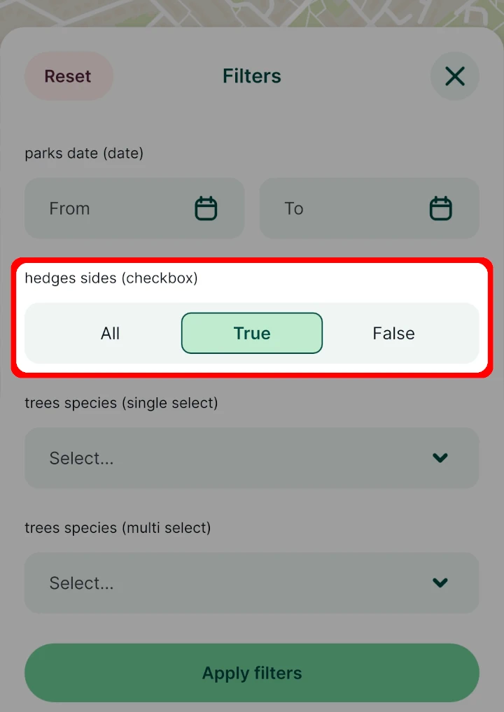 Mergin Maps mobile app Checkbox filter