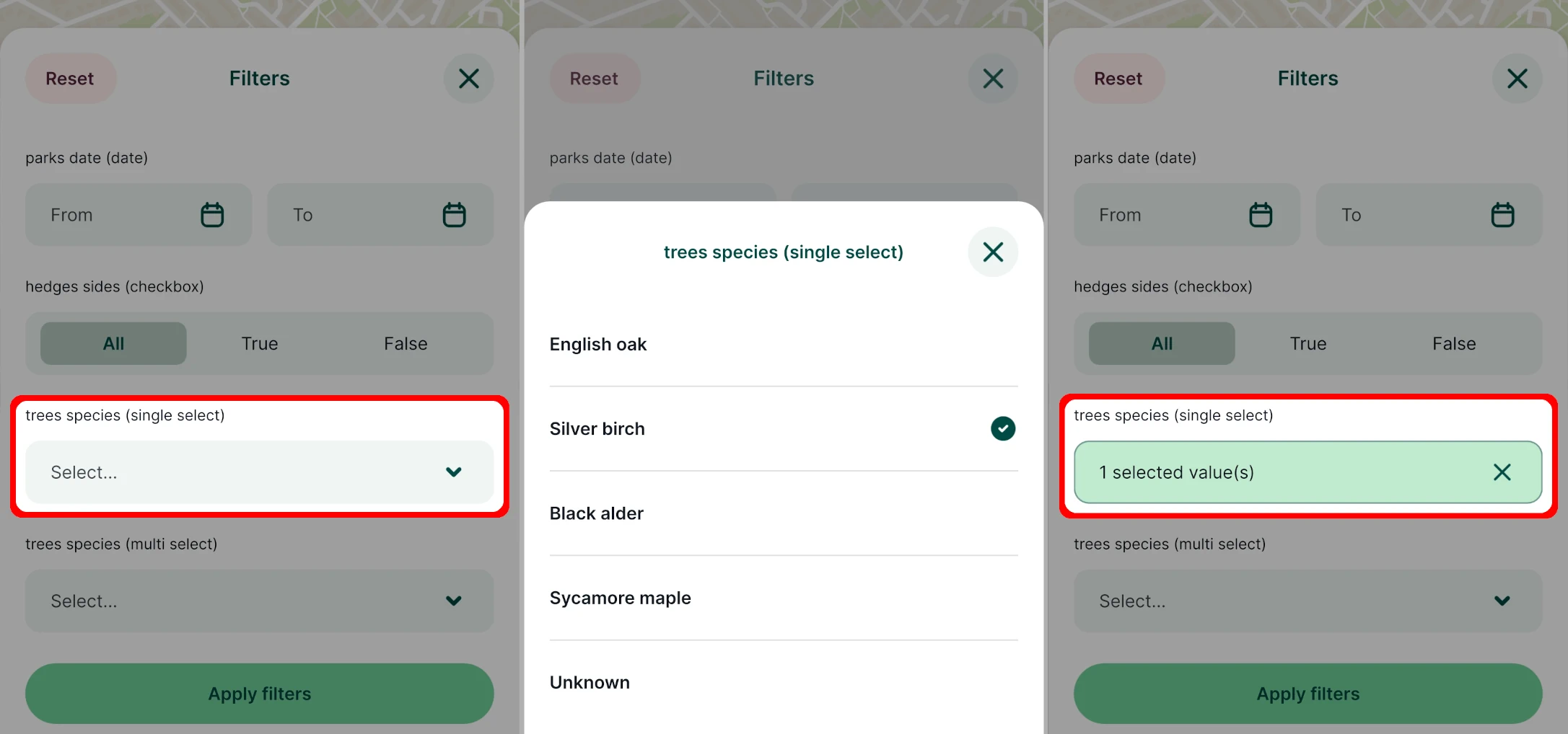 Mergin Maps mobile app Single select filter